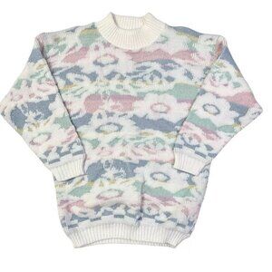 Vtg 80s Sweater Sz L Floral Flowers Kei Kawaii Metallic Shimmer Metallic Pastel